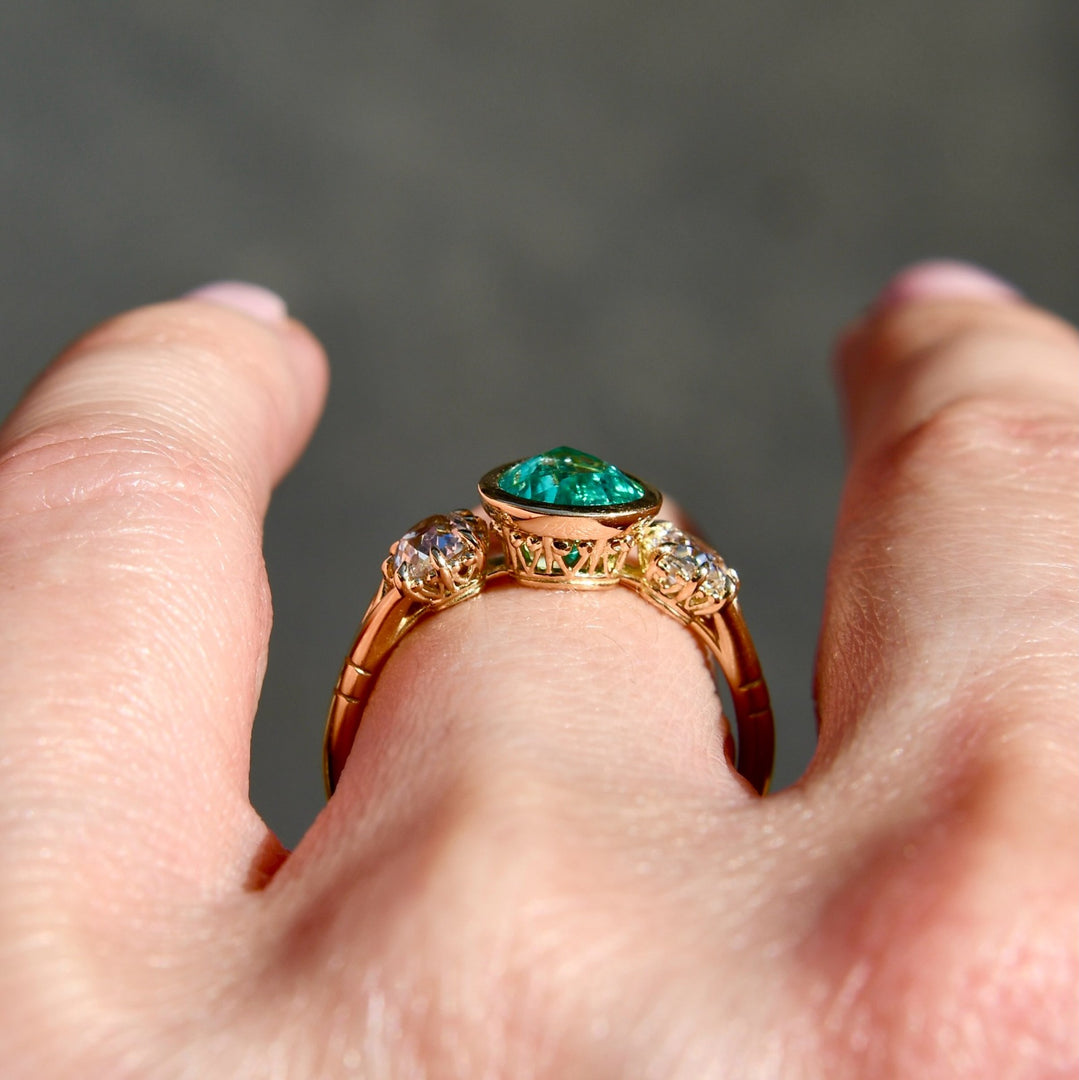 Natural Zambian Emerald & Old Mine Cut Diamond Ring, 18K Solid Gold