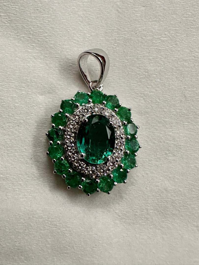 Emerald Halo Jewelry Set, Oval Green Diamond Pendant Necklace & Stud Earrings, 14K Gold, Luxury Bridal Gift