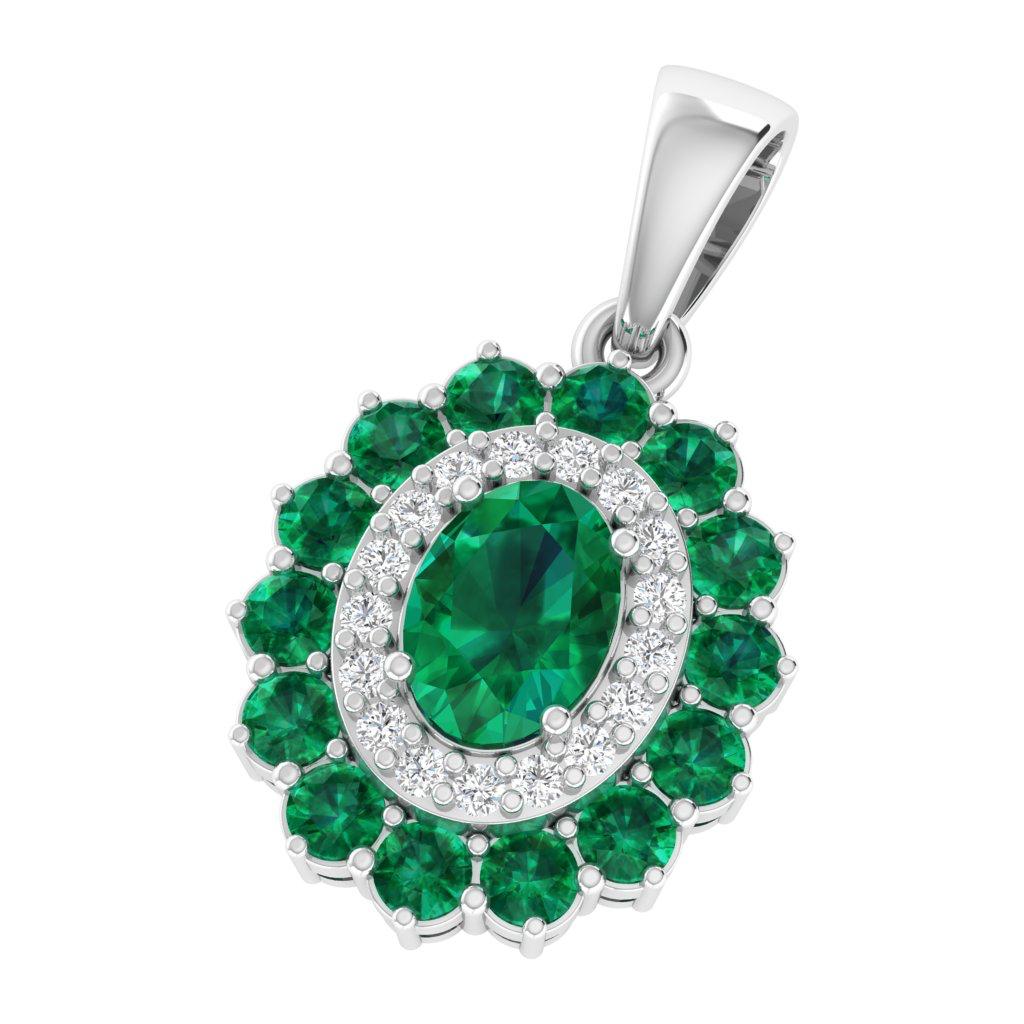 Emerald Halo Jewelry Set, Oval Green Diamond Pendant Necklace & Stud Earrings, 14K Gold, Luxury Bridal Gift