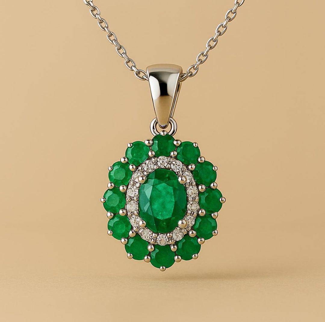 Emerald Halo Jewelry Set, Oval Green Diamond Pendant Necklace & Stud Earrings, 14K Gold, Luxury Bridal Gift