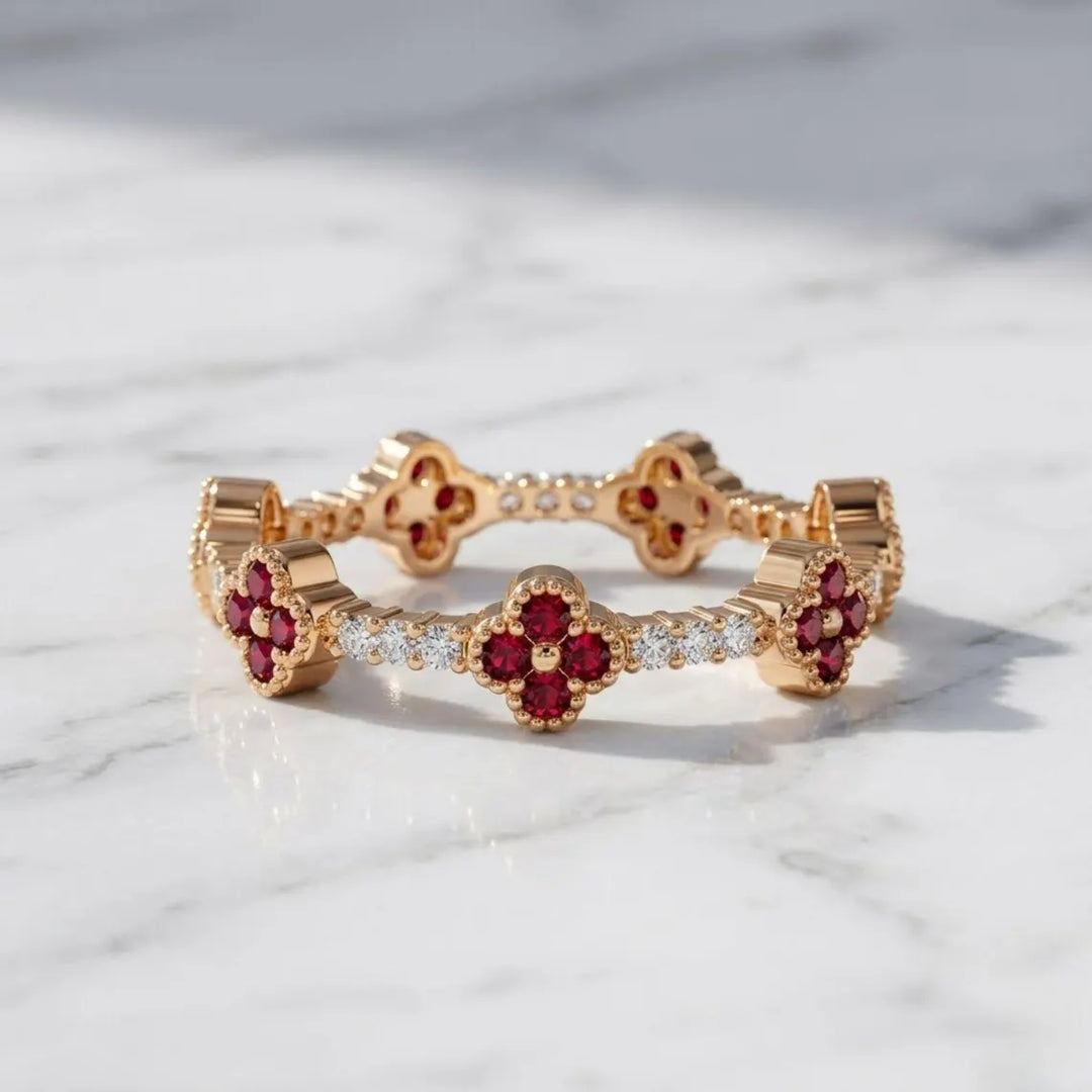 Clover Ring / Full Eternity Ruby and Diamond Ring in 14k Gold / Stacking Ring / Ruby Stackable Ring / July Birthstone