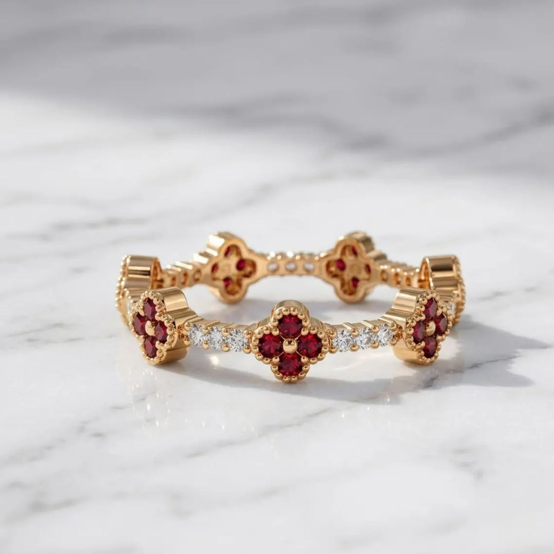 Clover Ring / Full Eternity Ruby and Diamond Ring in 14k Gold / Stacking Ring / Ruby Stackable Ring / July Birthstone
