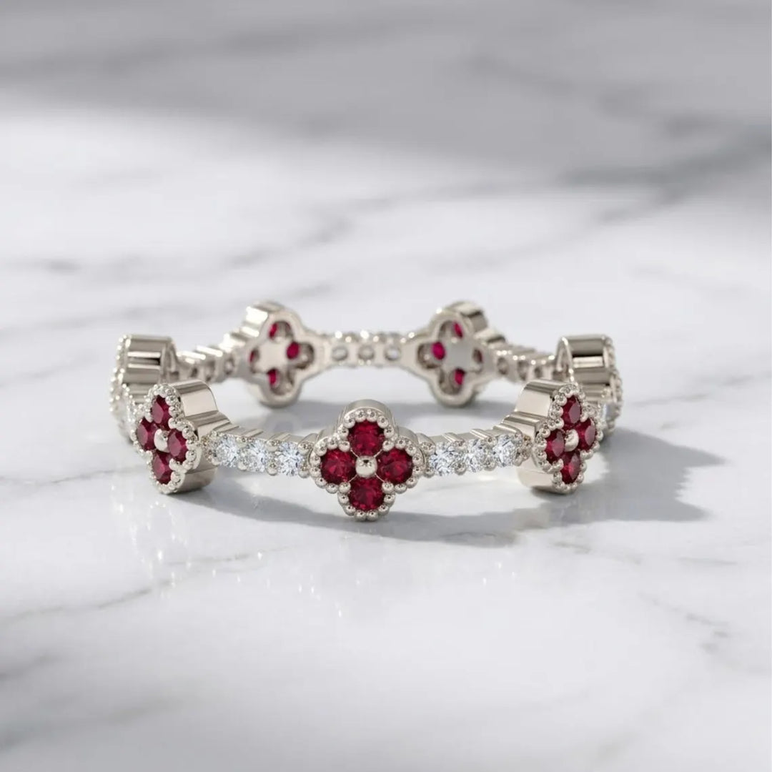 Clover Ring / Full Eternity Ruby and Diamond Ring in 14k Gold / Stacking Ring / Ruby Stackable Ring / July Birthstone