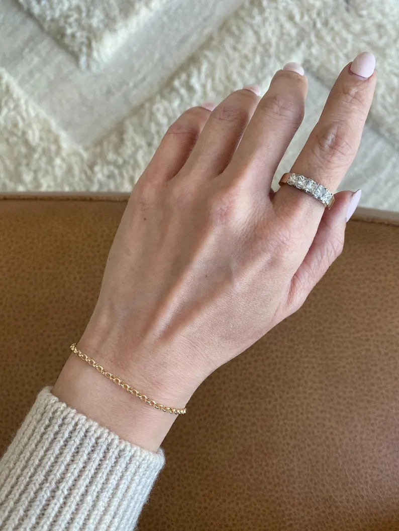 14K Solid Gold Dainty Simple Cable Chain Bracelet, Minimalist Real Yellow Gold Spring Ring Bracelet, Delicate Cable Chain, Gift for Her