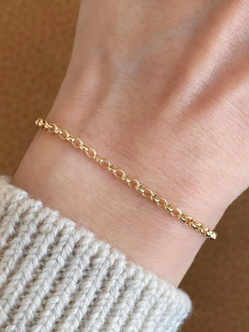 14K Solid Gold Dainty Simple Cable Chain Bracelet, Minimalist Real Yellow Gold Spring Ring Bracelet, Delicate Cable Chain, Gift for Her