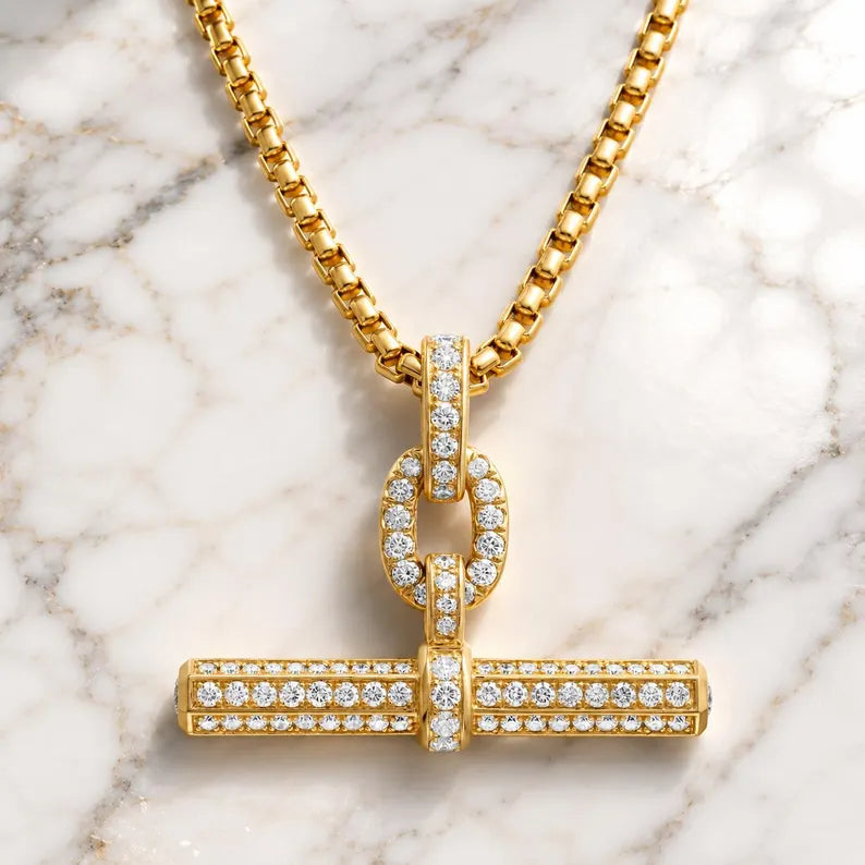 Diamond Pendant Necklace, 14K Solid Gold, Pave Set, Personal Style Jewelry, Statement Amulet, Gift for Her, Contemporary Gold Link Pendant