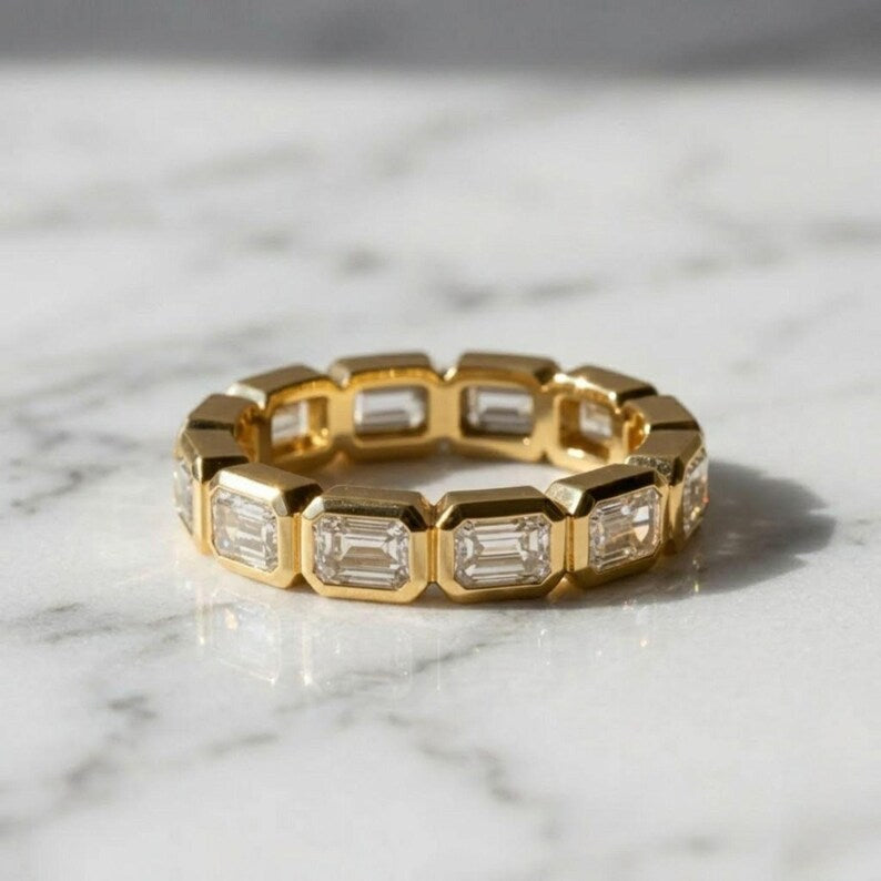 Emerald Cut Lab Grown Diamond Eternity Ring, 14K Yellow Gold Bezel Set