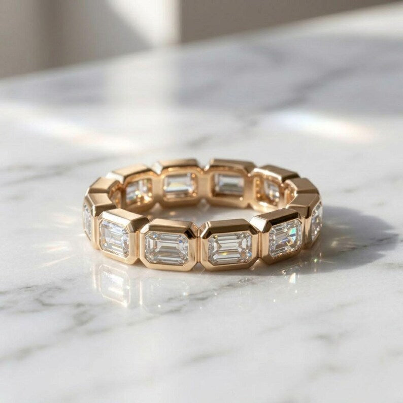 Emerald Cut Lab Grown Diamond Eternity Ring, 14K Yellow Gold Bezel Set