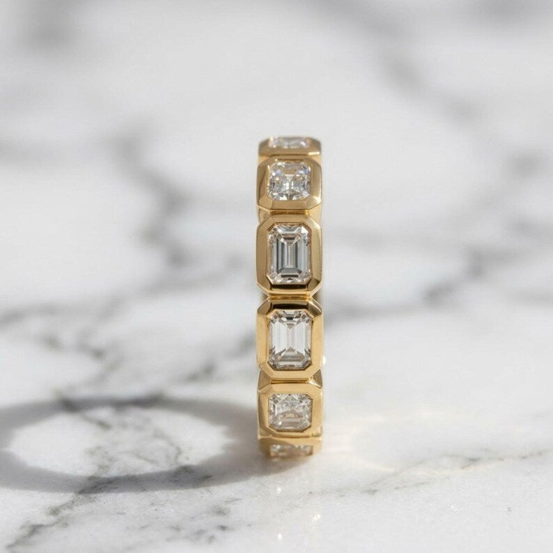 Emerald Cut Lab Grown Diamond Eternity Ring, 14K Yellow Gold Bezel Set