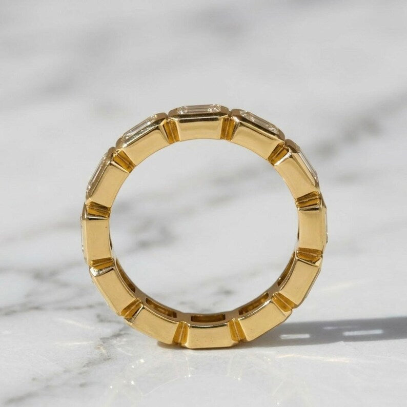 Emerald Cut Lab Grown Diamond Eternity Ring, 14K Yellow Gold Bezel Set