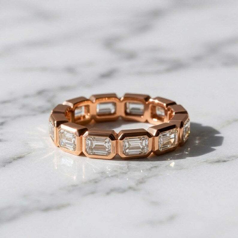 Emerald Cut Lab Grown Diamond Eternity Ring, 14K Yellow Gold Bezel Set