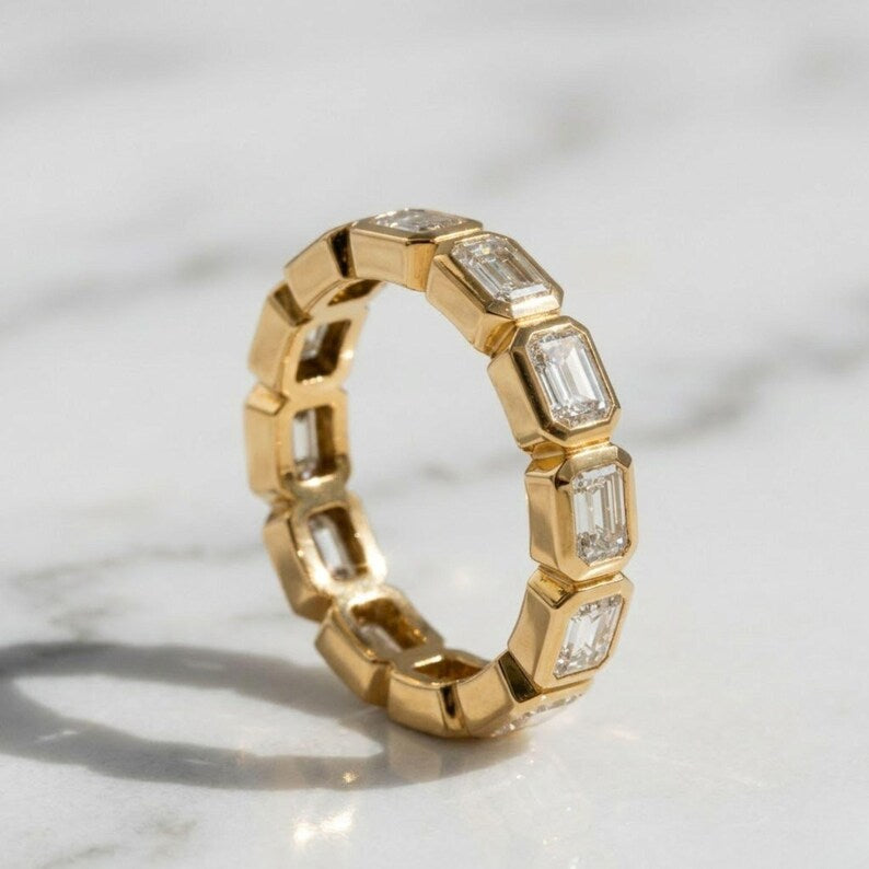 Emerald Cut Lab Grown Diamond Eternity Ring, 14K Yellow Gold Bezel Set
