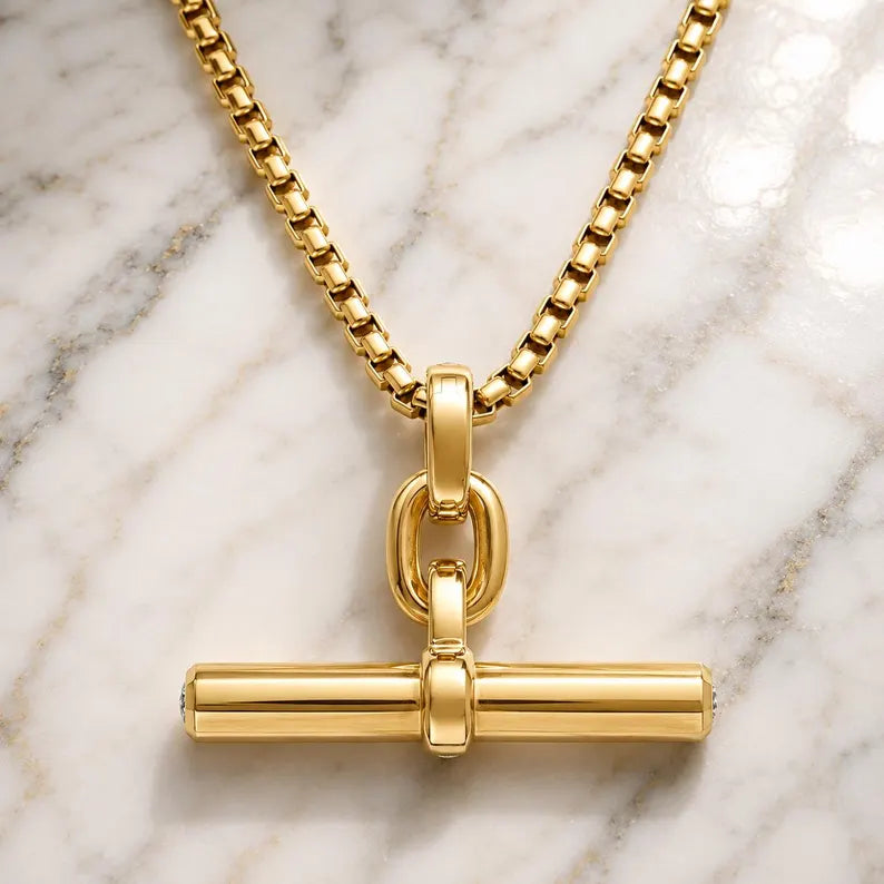 Diamond Pendant Necklace, 14K Solid Gold, Pave Set, Personal Style Jewelry, Statement Amulet, Gift for Her, Contemporary Gold Link Pendant