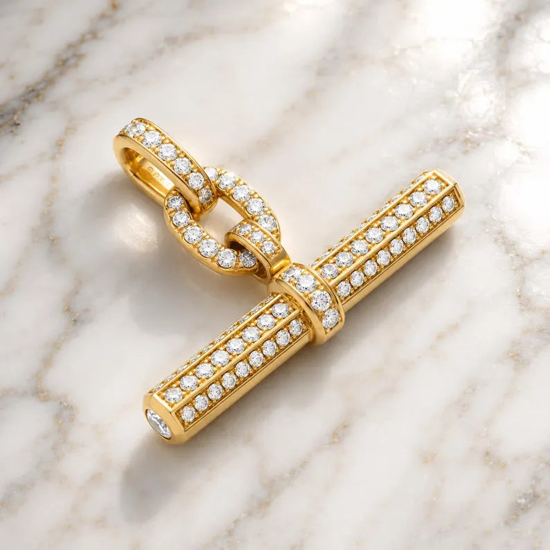Diamond Pendant Necklace, 14K Solid Gold, Pave Set, Personal Style Jewelry, Statement Amulet, Gift for Her, Contemporary Gold Link Pendant