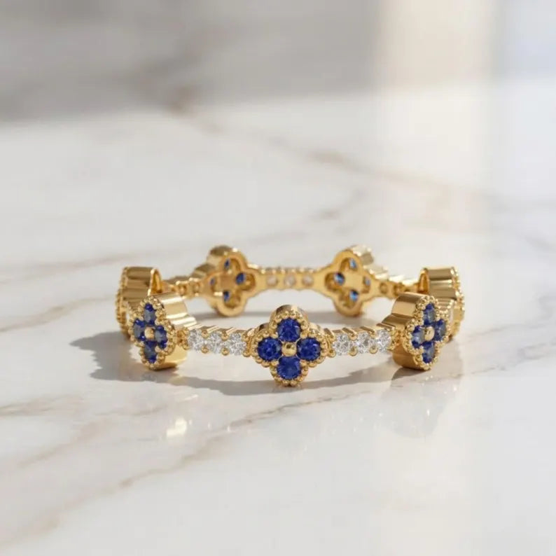 Sapphire Ring / 14k Full Eternity Sapphire and Diamond Ring / Stacking Ring / Sapphire Stackable Ring / September Birthstone Birthday Gift