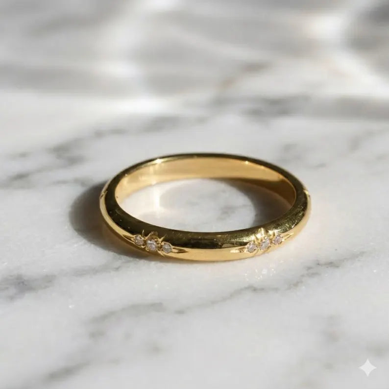 Round Cut Diamond Wedding Band Flush Set Diamond Engagement Ring Plain Solid Gold Matching Band Promise Band For Girlfriend