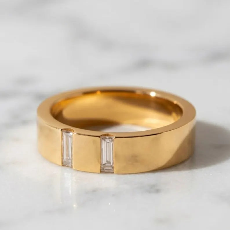 Gold Wedding Band with Baguette Diamonds,14K Solid Gold Engagement Ring, Diamond Wedding Band for Husband, Elegant Gold Ring Wide Band