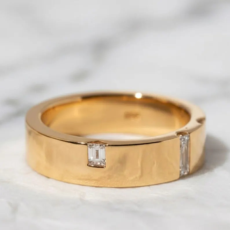 Gold Wedding Band with Baguette Diamonds,14K Solid Gold Engagement Ring, Diamond Wedding Band for Husband, Elegant Gold Ring Wide Band
