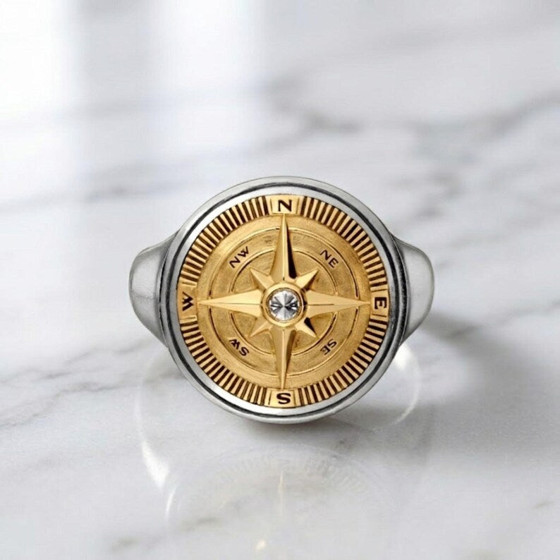 Nautical Compass Ring, Bezel Set Lab Grown Diamond, Two Tone Gold Signet Ring, Maritime Jewelry, Adventure Gift for Him,Men's Statement Ring