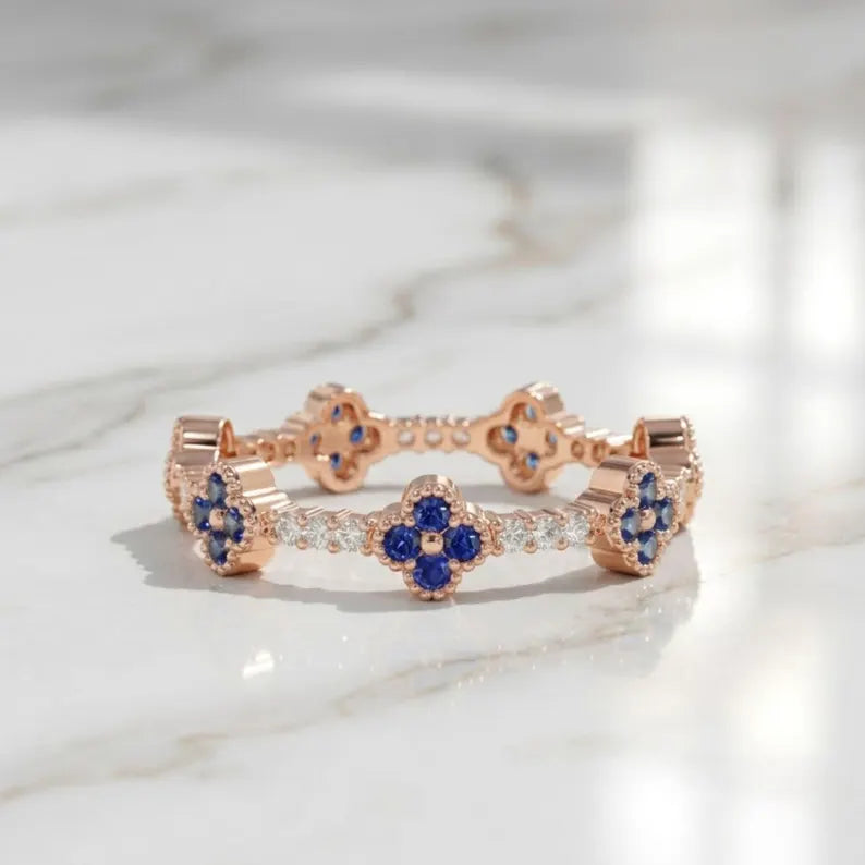 Sapphire Ring / 14k Full Eternity Sapphire and Diamond Ring / Stacking Ring / Sapphire Stackable Ring / September Birthstone Birthday Gift