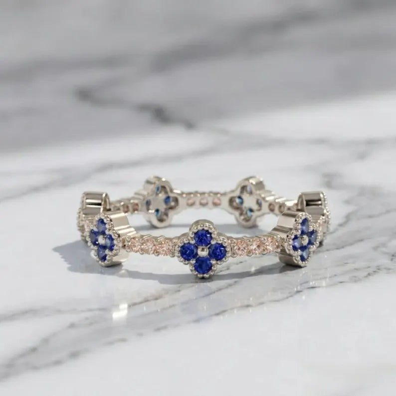 Sapphire Ring / 14k Full Eternity Sapphire and Diamond Ring / Stacking Ring / Sapphire Stackable Ring / September Birthstone Birthday Gift