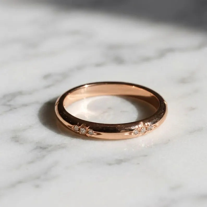 Round Cut Diamond Wedding Band Flush Set Diamond Engagement Ring Plain Solid Gold Matching Band Promise Band For Girlfriend