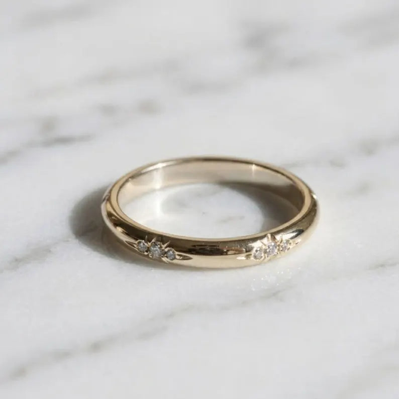 Round Cut Diamond Wedding Band Flush Set Diamond Engagement Ring Plain Solid Gold Matching Band Promise Band For Girlfriend