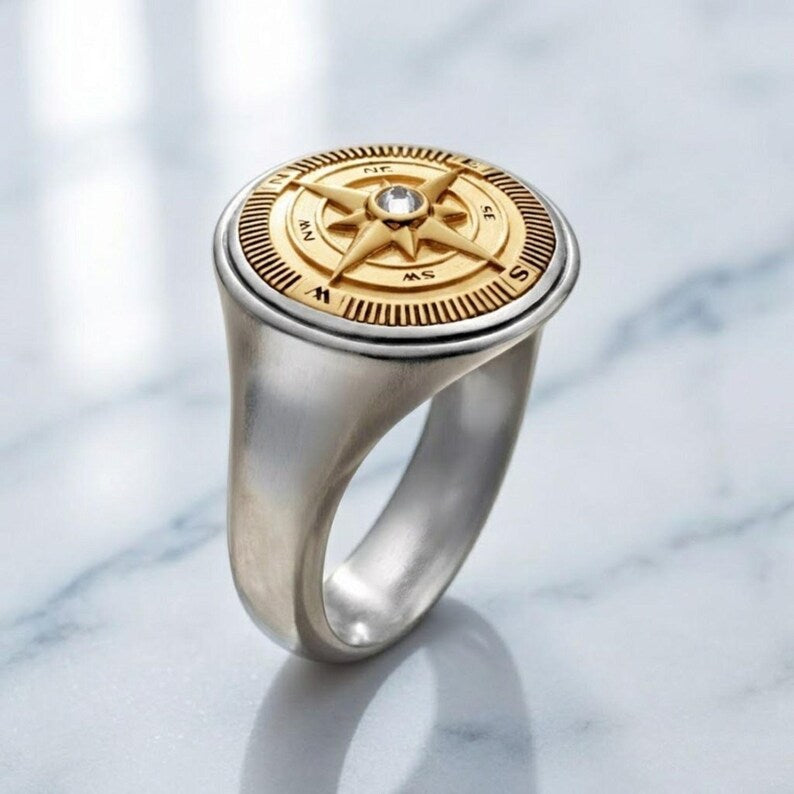 Nautical Compass Ring, Bezel Set Lab Grown Diamond, Two Tone Gold Signet Ring, Maritime Jewelry, Adventure Gift for Him,Men's Statement Ring