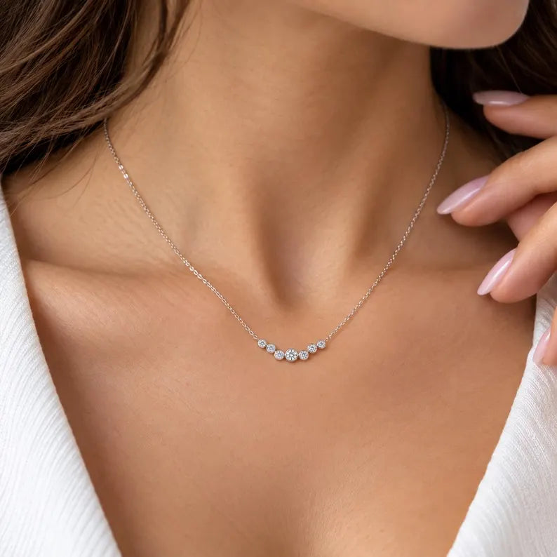 Natural Diamond Bubble Necklace, 14k White Gold Bezel Set Diamond Cluster Necklace
